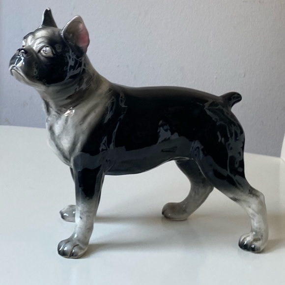 Vintage 8” Standing Boston Terrier/Frenchie Dog Black/White Porcelain Figurine